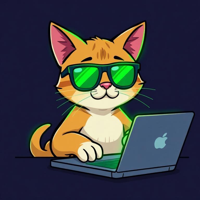 Mow the cat wearing sunglasses, trading on a laptop