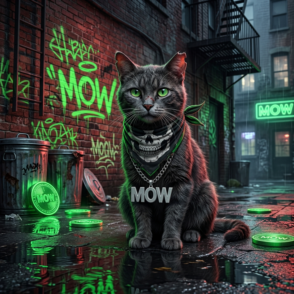 Mow the cat as a street cat in a neon-lit alley with green MOW graffiti
