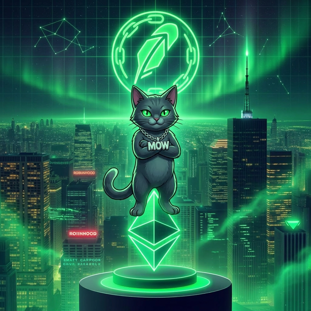 Mow the cat standing on a glowing Ethereum logo with the Robinhood Chain logo above the city