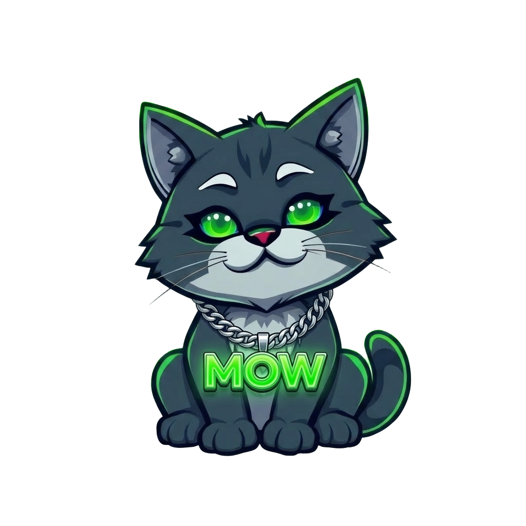 Mow, the $MOW mascot cat, glowing green